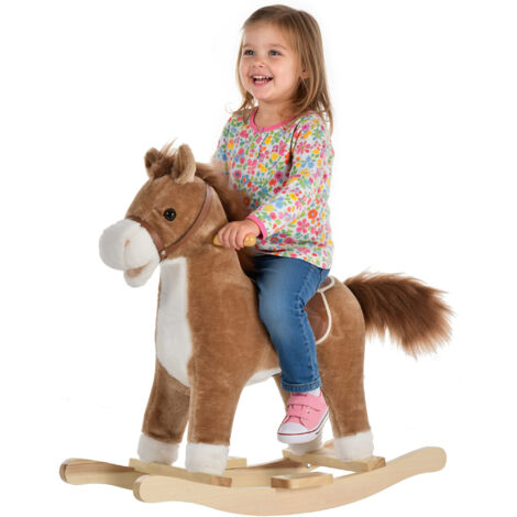 Cheval à Bascule Selle Grand Confort Peluche Courte Douce Bois peuplier Brun dim. 65L x 32,5l x 61H cm