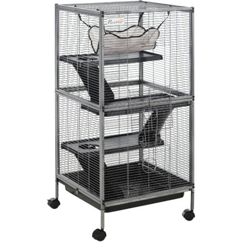 Cage 4 niveaux pour chinchilla et furet, roulettes, 2 portes, hamac et plateau amovible, structure sécurisée, 52x52x113,5 cm, couleur grise