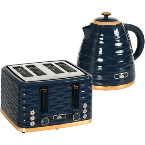 Ensemble grille-pain et bouilloire 2-en-1, 7 niveaux de brunissement, fonction de dégivrage et réchauffage, bleu