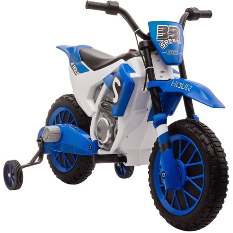 Moto Cross électrique Enfant 3 à 5 Ans 12 V 3-8 Km/h avec roulettes latérales Amovibles dim. 106,5L x 51,5l x 68H cm Bleu (1/5)
