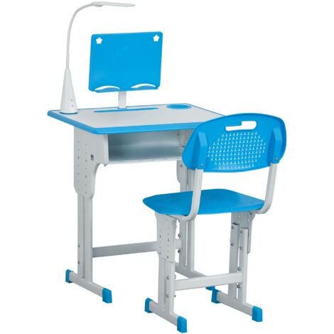 Bureau enfant réglable 6-12 ans avec chaise, lampe et tiroir, acier et MDF, mobilier scolaire fonctionnel, couleur bleue (1/5)