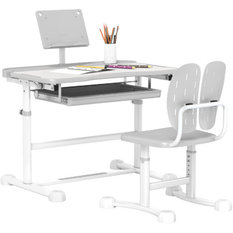 Bureau enfant avec chaise réglable en hauteur, plateau incliné 45°, tiroir et support de livre, gris (1/5)