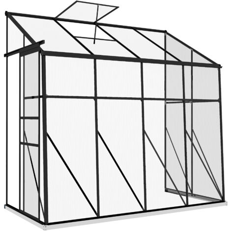 Serre adossée, serre de jardin polycarbonate, avec porte coulissante, évent de toit, fondation, 127 x 253 x 240 cm noir