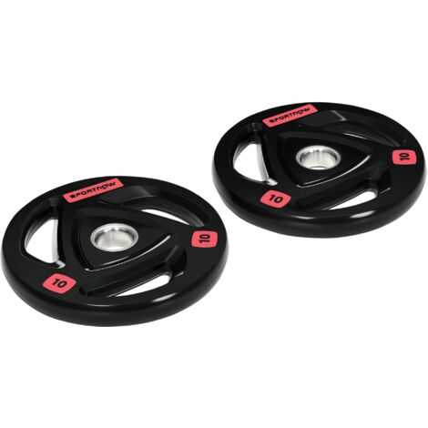 Ensemble de 2 plaques de poids de 2x10 kg en acier avec revêtement en caoutchouc, trou de Ø5 cm pour la barre et poignées pour usage manuel (1/5)