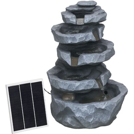 Fontaine de jardin à énergie solaire roche en cascade à 5 niveaux en résine avec lumières LED et pompe gris