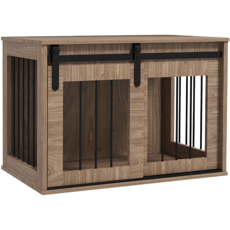 Cage caisse pour chien animaux intérieur porte coulissante, métal effet bois, dim. 57H x 80L x 54l cm
