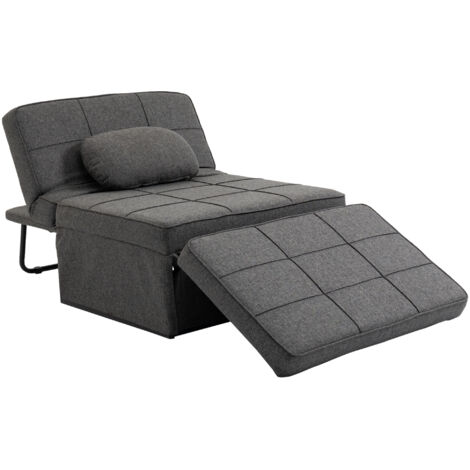 Lit tabouret 4-en-1, fauteuil réglable 5 positions avec coussin, tissu lin et métal, mobilier polyvalent pour chambre, salon et petit espace, gris (1/5)