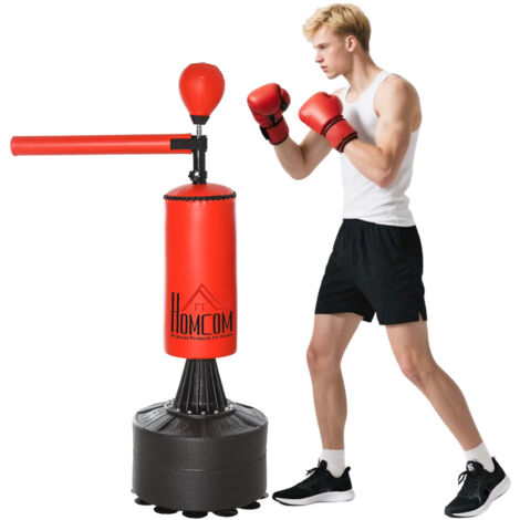 Sac frappe hauteur réglable, balle et tige rotative, base remplissable, PU EPE HDPE, 88x48x155-205 cm, boxe, rouge noir (1/5)
