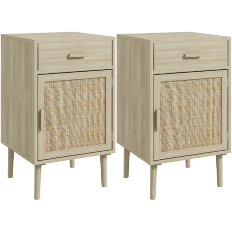 Ensemble de 2 tables de chevet pour la chambre avec tiroir et porte en rotin bohème, tables basses effet bois naturel (1/5)
