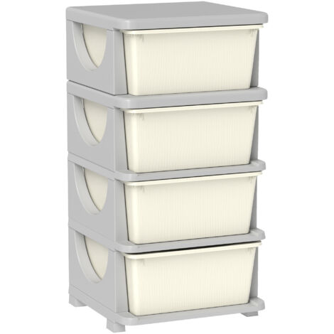 Cartons de rangement pour enfants, 4 grands tiroirs, bords arrondis, plastique, 37x37x76 cm, blanc crème (1/5)