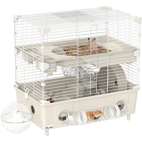 Cage pour hamster 2 niveaux et 3 portes avec roue, litière et tubes de jeu, cage pour animaux en acier, PS et PP, 44,5x28x44 cm, crème et blanc (1/5)