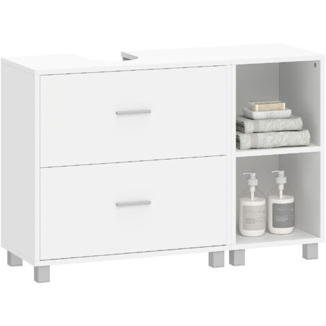 Meuble de salle de bain sous l’évier avec 2 tiroirs et 2 étagères ouvertes pour l’évier avec piédestal 90x30x60 cm blanc (1/5)