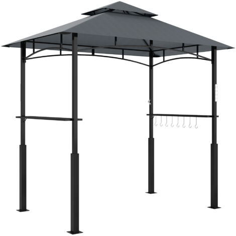 Pavillon barbecue, tente barbecue de jardin avec étagères à épices, éclairage LED, métal, plastique, 243L x 148L x 248H cm, Gris