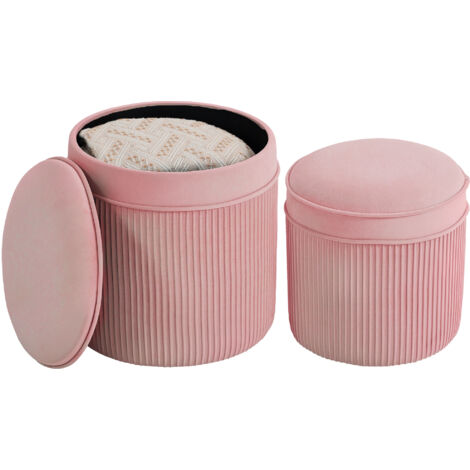 Ensemble de 2 poufs ronds empilables, grand pouf de rangement 34,8L, tabourets ronds avec couverture en velours, pour le salon et la chambre, rose (1/5)