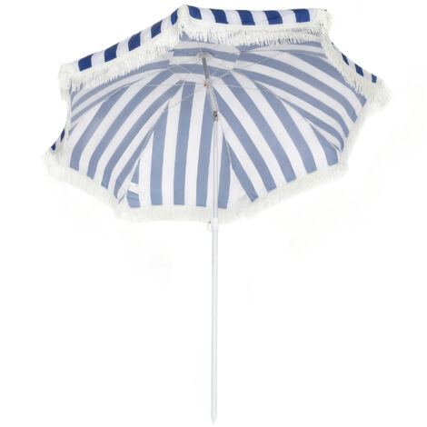 Parasol de plage avec franges Ø180 cm parasol extérieur terrasse avec hauteur réglable inclinaison de 30° bleu et blanc (1/5)