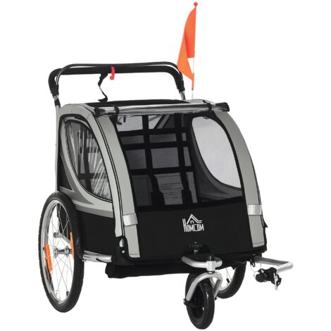 Remorque à vélo pour enfants, chariot pousseur, avec freins, pliable, pour 2 enfants, gris/noir