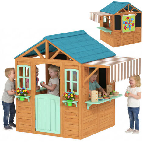 Cabane enfant extérieur en bois, maison enfant extérieure, porte-pots, tableau noir, jeu de lancer 4 balles, multicolore