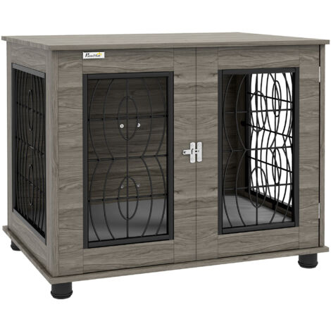 Cage pour chien avec coussin couché, jusqu’à 20 kg/50 cm de longueur corporelle, métal, 80x56x63cm, décoration grise/bois