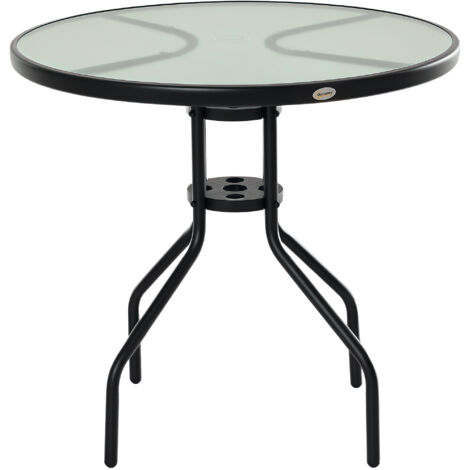 Table ronde de jardin Table à manger en verre trempé avec trou pour parasol et structure métallique pour terrasse extérieure balcon Ø80x72 cm Noir (1/5)