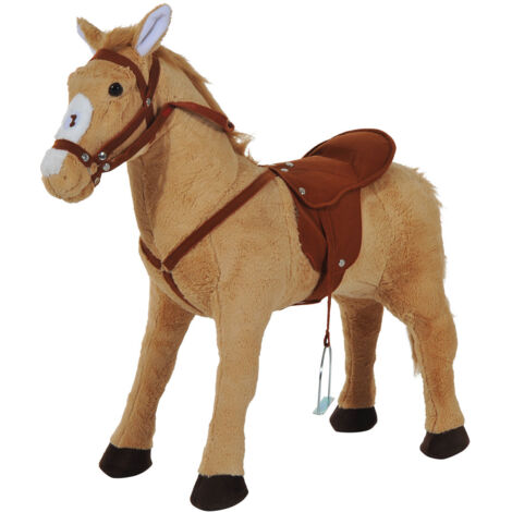 Cheval montée roues 60 cm, selle, bride, étrier, son jeu, pour enfants dès 2 ans, animal bascule peluche, usage intérieur extérieur, beige