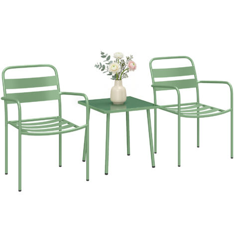 Ensemble bistrot de jardin 3 pièces - table basse en verre trempé et 2 chaises à lattes, cadre en acier galvanisé, vert (1/5)
