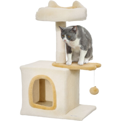 Griffoir pour chat avec perchoir et abri de jardin, tour pour chat en carton comprimé, peluche, coton PP et sisal, 40x30x72 cm, beige et jaune (1/5)