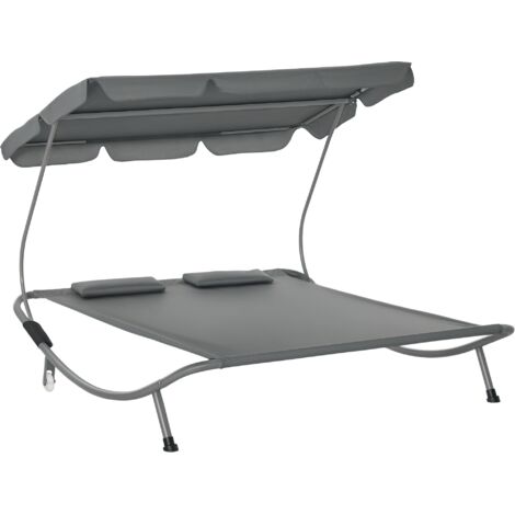 Double Coun Lounger 2 places pare-soleil réglable pour extérieur et jardin 200x175x134cm gris (1/5)