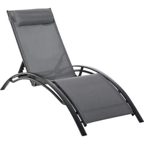 Chaise longue inclinable aluminium gris, cinq positions de dossier. Appuie-tête amovible en Texteline, confortable pour balcon et jardin. (1/5)