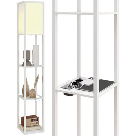 Lampe de pied avec étagères, lumière réglable, pédale et ports USB, blanc (1/5)