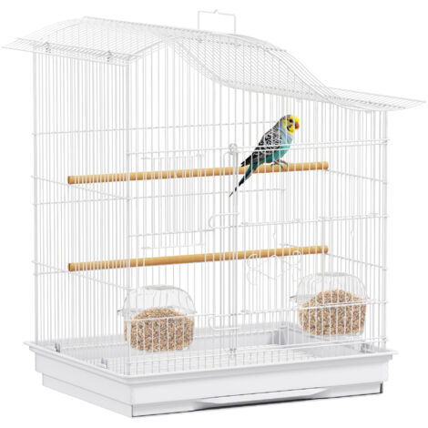 Caisse à oiseaux à 4 entrées avec 2 bols, 2 perchoirs et plateau extraitable, volière métallique et plastique, 47,5x36x54,5 cm, blanche (1/5)