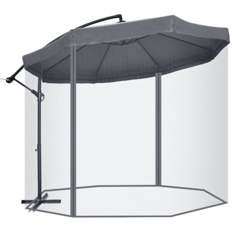 Parasol de jardin 3x3 m avec moustiquaire, ouverture de manivelle et base transversale, gris foncé (1/5)