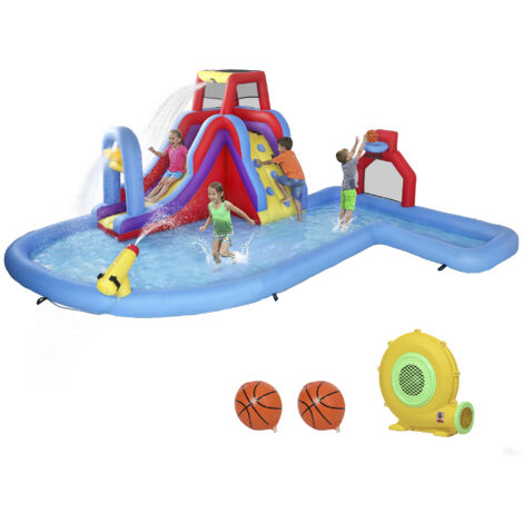 Château gonflable Water avec souffleur 550W, toboggan, mur d’escalade, piscine, panier de basket, but de football.