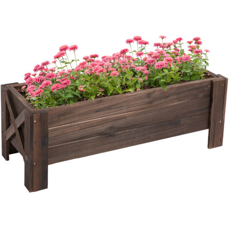 Jardinière en bois Jardinière rectangulaire avec pieds surélevés et 2 drains pour fleurs Plantes 100x36,5x36 cm brunes (1/5)