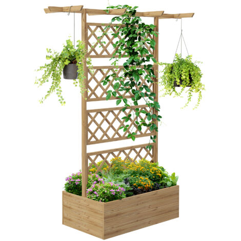 Massif pour potager avec treillis et pergola pour grimpeurs à fond ouvert, 160x55x183cm, bois naturel (1/5)