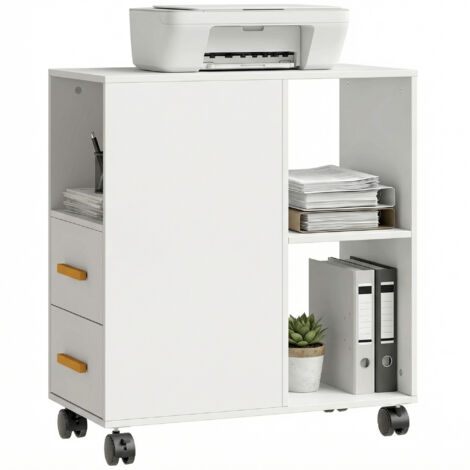 Table d’imprimante sur pied d’imprimante avec étagère réglable. Rouleaux pour scanner de fax 60 x 30 x 65 cm Blanc (1/5)