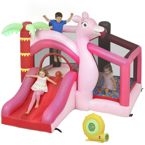 Château gonflable pour enfants avec toboggan, trampoline, piscine de balle et panier de basket-ball, 255x230x196 cm, rose