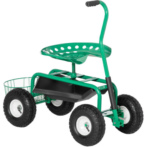 Siège de jardin avec roues pivotantes et plateau à outils à hauteur réglable, panier extérieur vert (1/5)