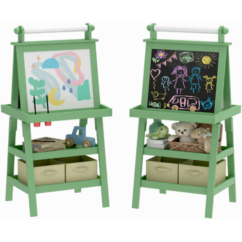 Tableau chevalet enfant 3 en 1 avec tableau blanc magnétique, tableau à craie, rouleau papier, 2 paniers, 3-6 ans, vert (1/5)