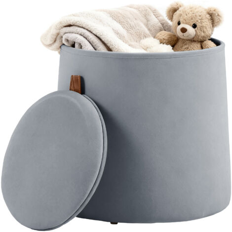 Pouf coffre rangement, pouf repose-pieds en tissu velours givré, couvercle réversible, Ø 44 x 47,5 cm, gris