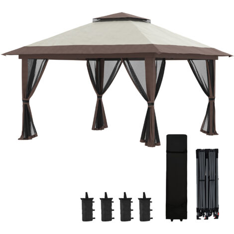 Gazebo pliant réglable en hauteur 4x4 m avec moustiquaire et sac, en métal et tissu Oxford beige