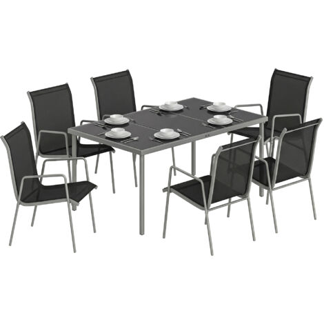 Salon de Jardin 6 Personnes Ensemble Table et Chaises Jardin avec Chaises Empilables en Textilène 70x51x87cm Argent (1/5)
