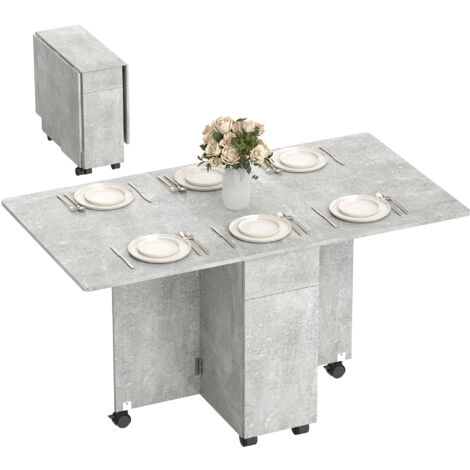 Table à manger pliante avec roues, 2 tiroirs, 2 portes et meuble, en bois, 140x76x74 cm, gris béton (1/5)