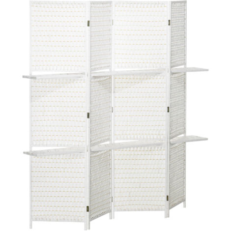 Séparateur de pièces 4 panneaux 2 étagères pliables blanc paille (1/5)