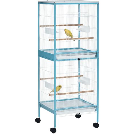 Cage à oiseaux à 2 niveaux avec roues Plateaux amovibles Portes Mangeoires Perchas 51,5x50x140 cm Bleu (1/5)