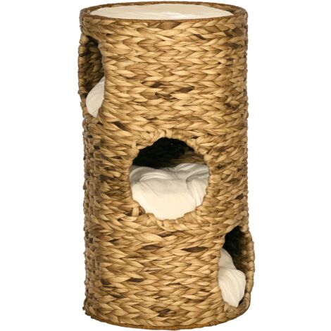 Grotte pour chats avec 3 niveaux, 3 entrées, design bohème, coussin inclus, 40 cm x 40 cm x 73 cm, marron clair + blanc crème