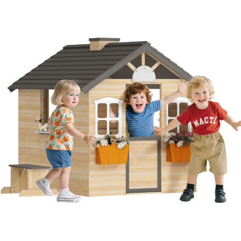 Maison de jeux en bois pour enfants 3-7 ans, boîte aux lettres, fenêtres et porte-pots de fleurs, structure sapin naturel 113x94x134,5 cm