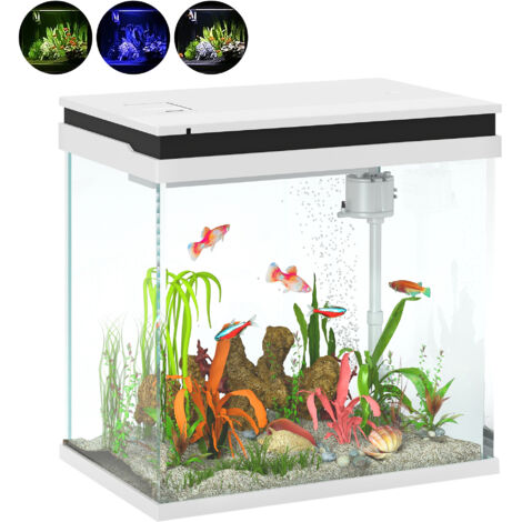 Aquarium à poissons rouges en verre 26L avec éclairage LED, aquarium complet avec filtre et pompe à eau, aquarium d’eau tropicale, 38x26x38 cm, blanc (1/5)