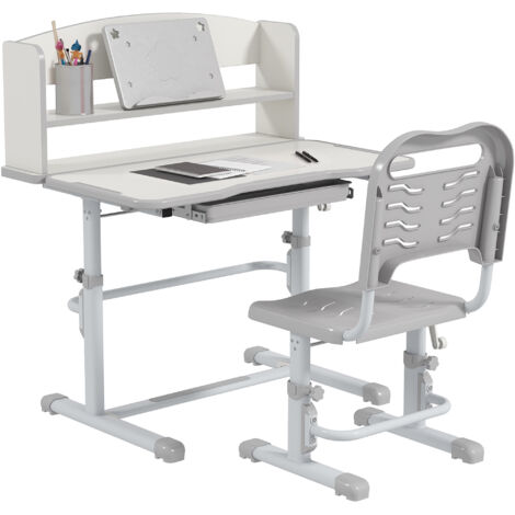 Table d’étude et chaise pour enfants Hauteur réglable avec tiroir, étagère de rangement, 80 x 54,5 x 104 cm, gris (1/5)