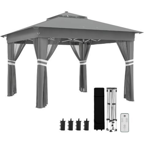Tente de jardin avec énergie solaire, tente de jardin LED avec éclairage. 336 cm x 336 cm x 270 cm. Gris
