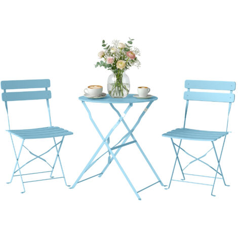 Ensemble Bistrot de Jardin 3 Pièces Table et 2 Chaises Pliantes à Lattes Double Protection Antirouille Bleu Clair (1/5)